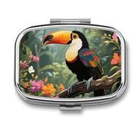 Toucan in The Rainforest Pill Box Travel Pill Organizer 2-Compartment with Mirror Design Portable Square Medicine Case for Vitamins, Jewelry & Essentials Durable Pocket Pillcase for Purse, Camping