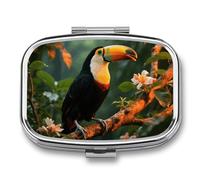 Toucan on The Tree Pill Box with 2 Compartments, Pill Organizer for Pocket or Purse, Decorative Metal Medicine and Vitamins Organizer