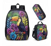 Toucan Red Bow 17 Inch School Backpack Set 3 Piece Tropical Print Jungle Theme Vibrant Kids Boys Girls Bookbag Trio (06)