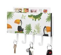 Toucans Crocodiles Tropical Plants Key Holder for Wall with 5 Hooks Letter Coat Rack 4.3×7.1×1 Inches
