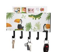 Toucans Crocodiles Tropical Plants Key Holder for Wall with 5 Hooks Letter Coat Rack 4.3×7.1×1 Inches