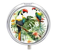Toucans Parrot Metal Pill Organizer, 3 Compartment Waterproof Pill Case with Mirror for Purse Pocket Bag, Daily Medicine Vitamin Holder, Portable Travel Med Container(Round)
