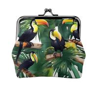 Toucans Parrot Palm Tree Leaves Printed Microfiber PU Leather Wallet Kiss Lock Mini Pouch for Lipstick Key Change Organization
