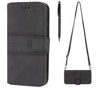 TOUCASA Compatible with Samsung Galaxy A02S / M02S Case, PU Leather Wallet Case Card Holder with Shoulder Strap [Adjustable Lanyard Cord] Flip Kickstand Magnetic Protective Cover (Black)