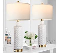 Touch Control Table Lamp Set of 2, Modern Contemporary Ceramic Bedside Lamps with 2 USB Ports, 3-Way Dimmable Nightstand Lamp with White Fabric Shade for Living Room, Bedroom (LED Bulbs Included)