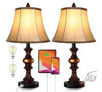 Touch Control Traditional Table Lamp Set of 2, Vintage Bedside Lamps with Dual USB Charging Ports, 3-Way Dimmable Bronze Finish Desk Lamps with Bell Shape Faux Silk Shade for Living Room, Bedroom