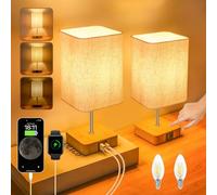 Touch Control USB Table Lamp Set of 2,Dimmable Nightstand Lamps with USB Charging Ports,Small Touch Lamp with Wood-grain Base & Beige Fabric Shade for Bedroom Living Room Children's room,Bulb Included