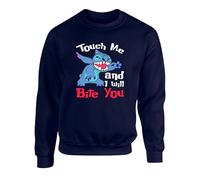 Touch Me And I Will Bite You Stitch Jumper, Boys Girls Funny Sarcastic Stitch Cartoon Slogan Gift Kids Adults Unisex Sweatshirt Top (Navy, 5 Years)