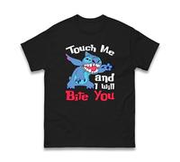 Touch Me and I Will Bite You Stitch T-Shirt, Boys Girls Funny Sarcastic Stitch Cartoon Slogan Graphic Tee Gift Unisex Kids Adults Top (Black, 4XL)