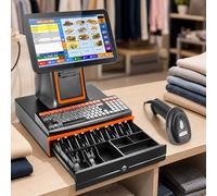 Touch Screen Cash Register for Retail Small Business, 15.6" Pos System with 58mm Printer, Barcode Scanner, Cash Drawer and 8-Digit Customer Display for Small Business Retail Checkout Black