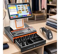 Touch Screen Cash Register for Retail Small Business, 15.6" Pos System with 58mm Printer, Barcode Scanner, Cash Drawer and 8-Digit Customer Display for Small Business Retail Checkout White