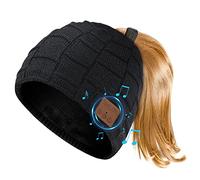 TOUCH TWO® Bluetooth Beanie for Women with Ponytail Hole, Beanie with Headphones Built in Microphone, Womens Gifts, Black, M