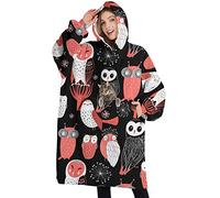 Touchbetter Wearable Oversized Blanket,Sherpa Blanket Hoodie with Super Pockets,Super Warm Fuzzy Pullover for Women & Men, Different Red Owls in Black, One Size