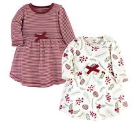 Touched by Nature Baby Girls' Organic Cotton Dresses Casual, Holly Berry Long-Sleeve 2-Pack, 12-18 Months (18M) US