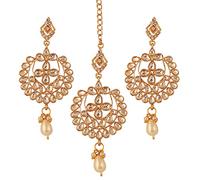 Touchstone Contemporary Kundan Collection Indian Bollywood Mughal Chaandbaali Moon Kundan Look Faux Pearls Hangings Designer Jewelry Earrings Mangtika Combo in Antique Gold Tone for Women.