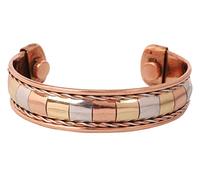 Touchstone Copper Hand Forged With Solid And High Gauge Tibetan Style Beautiful Three Metal Chips Embedded Minimalistic Elegance Pure Copper Bracelet In Triple Tones.