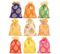 Touchstone Drawstring Bags Traditional Indian Handcrafted in Ficus Leaf Pattern Brocade Fabric. Perfect for Gifts Jewelry Weddings Sweet Distribution Set of 9 Vibrant Multicolor Pouches Purses Potli.