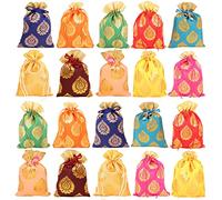 Touchstone Drawstring Bags Traditional Indian Handcrafted in Ficus Leaf Pattern Brocade fabric. Perfect Gifts Jewelry Weddings Sweet Distribution Set of 20 Vibrant Multicolor Pouches Purses Potli.