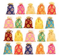 Touchstone Drawstring Bags Traditional Indian Handcrafted in Ficus Leaf Pattern Brocade Fabric. Perfect Gifts Jewelry Weddings Sweet Distribution Set of 20 Vibrant Multicolor Pouches Purses Potli.
