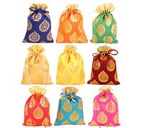 Touchstone Drawstring Bags Traditional Indian Handcrafted in Ficus Leaf Pattern Brocade Fabric. Perfect for Gifts Jewelry Weddings Sweet Distribution Set of 9 Vibrant Multicolor Pouches Purses Potli.