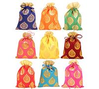 Touchstone Drawstring Bags Traditional Indian Handcrafted in Ficus Leaf Pattern Brocade fabric. Perfect for Gifts Jewelry Weddings Sweet Distribution Set of 9 Vibrant Multicolor Pouches Purses Potli.