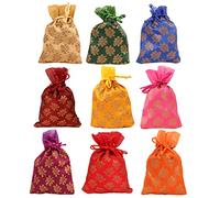 Touchstone Drawstring Bags Traditional Indian Handcrafted in Mimosa leaf Pattern Brocade fabric. Perfect Gifts Jewelry Weddings Sweet Distribution Set of 9 Pouches Purses Potli.