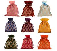 Touchstone Drawstring Bags Traditional Indian Handcrafted in Paisley Pattern Brocade fabric. Perfect for Gifts Jewelry Weddings Sweet Distribution Set of 9 Vibrant Multicolor Pouches Purses Potli.