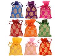Touchstone Drawstring Bags Traditional Indian Handcrafted in Paisley Pattern Brocade fabric. Perfect for Gifts Jewelry Weddings Sweet Distribution Set of 9 Vibrant Multicolor Pouches Purses Potli.