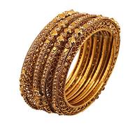 Touchstone "Golden Bangle Collection Ethnic Style Filigree Work Yellow Citrine Rhinestone Indian Bollywood Designer Jewelry Metal Bangle Bracelets in Antique Gold Tone for Women. Set of 4.