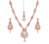 Touchstone Indian Bollywood Awesome Fine Workmanship Stylish Studded Diamond Look Light Pink Rhinestone Designer Jewelry Necklace Set in Silver Tone for Women.