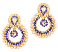 Touchstone Indian Bollywood Chandbali Moon Kundan polki faux pearls and blue sapphire Rhinestone long bridal designer jewelry chandelier earrings for women in gold tone