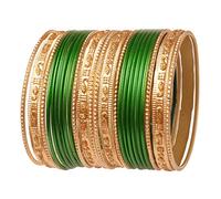 Touchstone Indian Bollywood Colorful 2 Dozen Bangle Collection Golden Glitters Textured Green Color Designer Jewelry Special Bangle Bracelets Set of 24 in Gold Tone for Women.