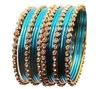 Touchstone Indian Bollywood Gorgeous Golden Flakes Sparkling Rhinestone Vintage Textured Glossy Color Charming Bangle Bracelets For Women., no gemstone, D076 Aqua Blue (KRB-076F11A-G)
