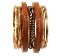 Touchstone Indian Bollywood Handmade with Quite Different Patterns, Brass Jewelry and Designer Wooden Bracelets, Set of 7 in Antique Gold and Natural Tones for Women., 2.75 inches (7 cm), Metal, No
