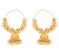 Touchstone Indian Bollywood traditional thin wire elegant and designer bali jhumki earrings with bunches of faux pearls for women in gold tone
