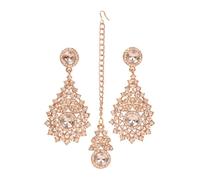 Touchstone Maha Diwali Bonanza Dhamaka Offer Handcrafted Grain Work Studded Diamond Look Rhinestone Designer Jewelry Chandelier Earrings Mangtika Head Accessory Combo In Gold Tone For Women.