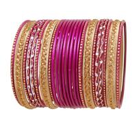 Touchstone New Colorful 2 Dozen Bangle Collection Indian Bollywood Alloy Metal Textured Fuchsia Designer Jewelry Special Large Size Bangle Bracelets Set of 24 in Antique Gold Tone for Women