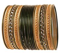 Touchstone NEW Colorful 2 Dozen Bangle Collection Indian Bollywood Alloy Metal Textured Henna Green Color Designer Jewelry Bangle Bracelets Set Of 24 In Antique Gold Tone For Women.
