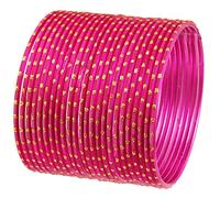 Touchstone New Colorful 2 Dozen Bangle Collection Indian Bollywood Alloy Metal Textured Pretty Fuchsia Color Jewelry Special Large Size Bangle Bracelets Set of 24 in Antique Gold Tone for Women