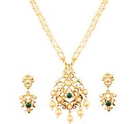 Touchstone NEW Contemporary Kundan Collection Indian Bollywood Sober And Classy Look Traditional Kundan Polki Faux Pearls Faux Emerald Long Designer Jewelry Pendant Set In Gold Tone For Women.