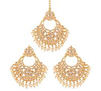 Touchstone New Contemporay Kundan Collection Indian Bollywood Grand Hangings Chandelier Floral Designer Jewelry Earrings Mangtika Combo in Gold Tone for Women.