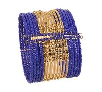 Touchstone New Indian Bollywood Beautiful Beaten Metal Navy Blue Color Glass Beads Wrist Enhancer Openable Cuff Bracelet in Gold Tone for Women.