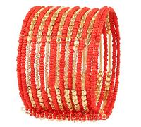 Touchstone New Indian Bollywood Beautiful Beaten Metal Orange Color Glass Beads Wire Layers Beads Wrist Enhancer Openable Cuff Bracelet in Gold Tone for Women.