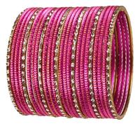 Touchstone New Indian Bollywood Fashion Handcrafted Peeled Pattern Textured Fuchsia Pink Golden Dots Antique Look Exotic Designer Jewelry Bracelets Bangle. Set of 25. for Women.