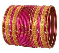 Touchstone New Italian Color Collection Indian Bollywood Handcrafted Peeled Paisley Motif Textured Fuchsia Golden Designer Jewelry Chura Bangle Bracelets in Gold Tone for Women