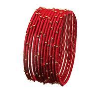 Touchstone New Silk Thread Bangle Collection Indian Bollywood Handcrafted Faux Silk Thread Exotic Look Golden Beads Lipstick Red Designer Bangle Bracelets Set of 12 for Women.