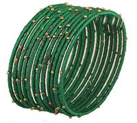 Touchstone New Silk Thread Bangle Collection Indian Bollywood Handcrafted Faux Silk Thread Exotic Look with Golden Beads Designer Bangle Bracelets Set of 12 for Women. (Green, 2.6)