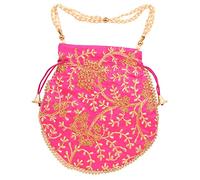 Touchstone NEW Traditional Indian Hand Embroidered Floral Motif Shopping Gifts Jewelry Wedding Sweet Distribution Faux Pearls Strings Drawstring Fancy Fuchsia Color Bag For Women.