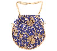 Touchstone NEW Traditional Indian Hand Embroidered Floral Motif Shopping Gifts Jewelry Wedding Sweet Distribution Faux Pearls Strings Drawstring Fancy Royal Blue Color Bag For Women.