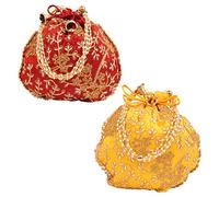 Touchstone NEW Traditional Indian Hand Embroidered Floral Motif Shopping Gifts Jewelry Wedding Sweet Distribution Faux Pearls Strings Drawstring Fancy Maroon Yellow Color Bag Set Of 2 For Women.
